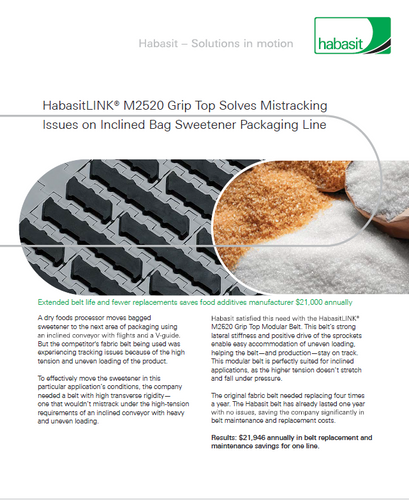 HabasitLINK M2520 Grip Top Solves Mistracing Issues on Inclined Bag Sweetener Packaging Line
